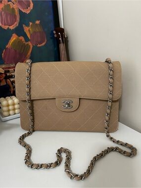 CHANEL Tan Quilted Flap Shoulder Bag with Silver Chain